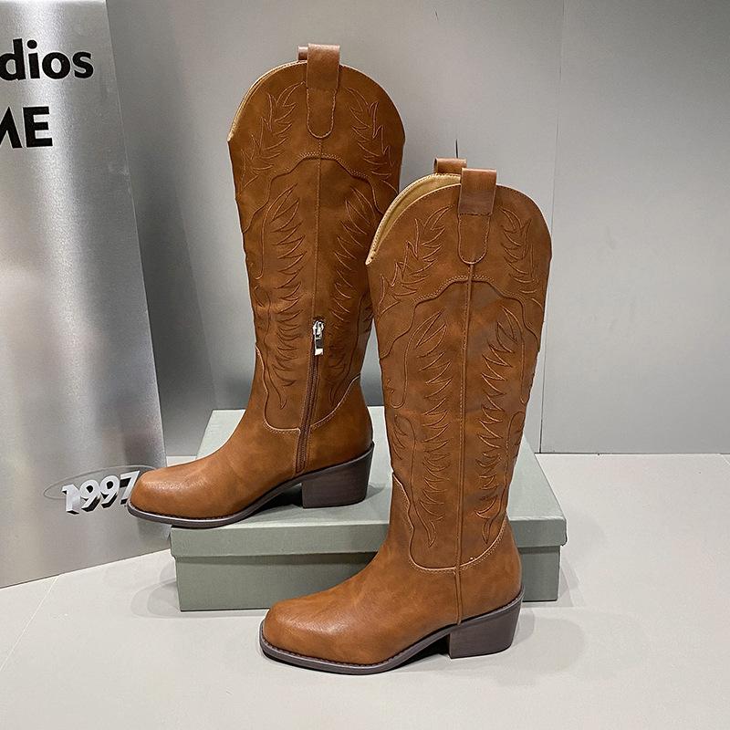 Vintage Square Head Thick Heel Western Cowboy Boots Women's 2025 New V-mouth Embroidered Knight Boots Side Zipper Long Tube Boots