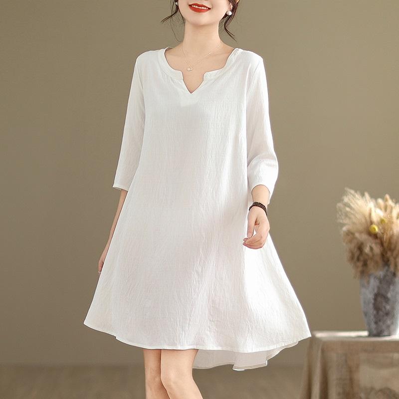 

Новое хлопковое винтажное платье больших размеров с короткими рукавами для женщин, повседневное свободное мини-летнее платье белый
