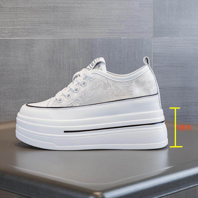 New Breathable Leather Inner Heightening Thick-soled Low-top Women's Shoes Lace-up Single-sided Muffin Delicate 8 Cm Little White Shoes Women