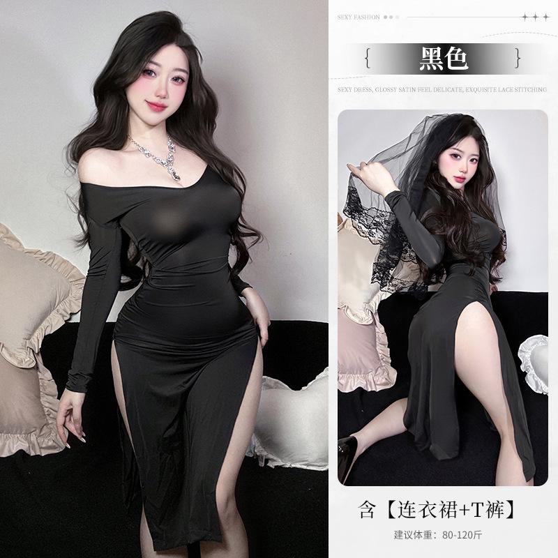 New Sexy Mesh Lace Sheer Long Dress V Neck Sweet Tops Slit Dress Pure Desire Uniform Sleeping Clothes  Dress Elegant 1E4K