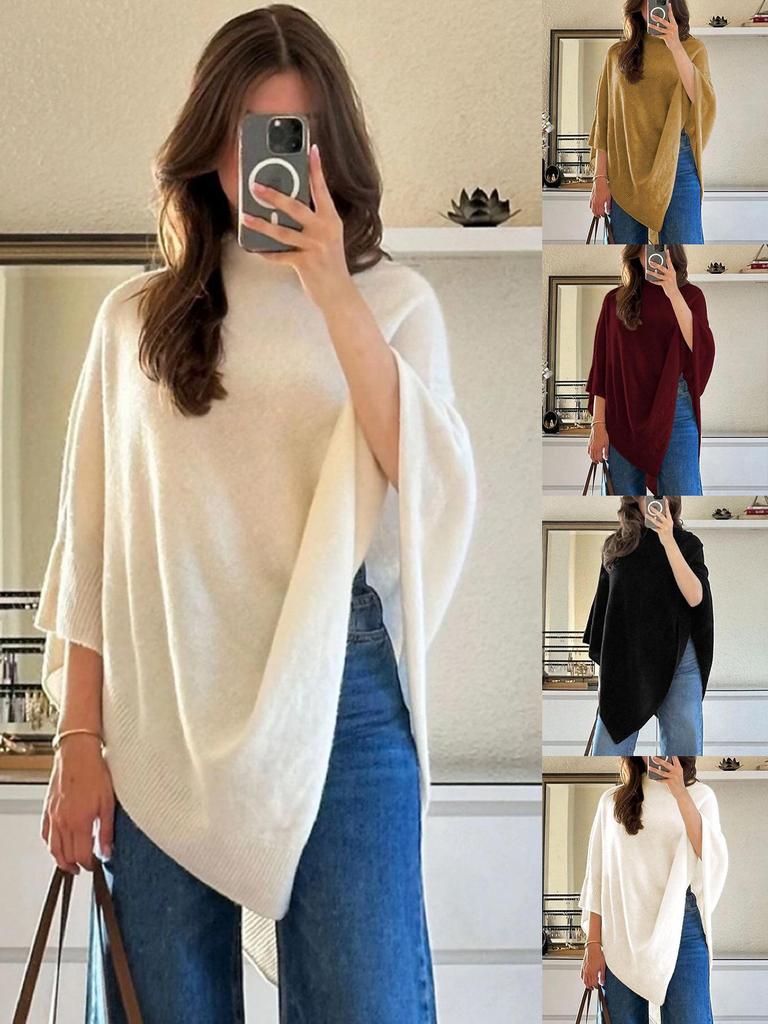 Cross-Border Shawl Neck Warmer Sweater: Irregular Knitted Autumn/Winter Pullover Cape Top