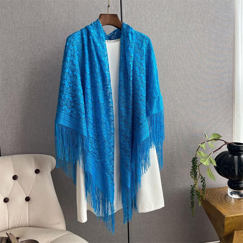 Elegant Lace Large Square Shawl Head Scarf Women Summer Hollow Out Sun Protection Cape Travel Beach Wraps Vintage Tippet Turban