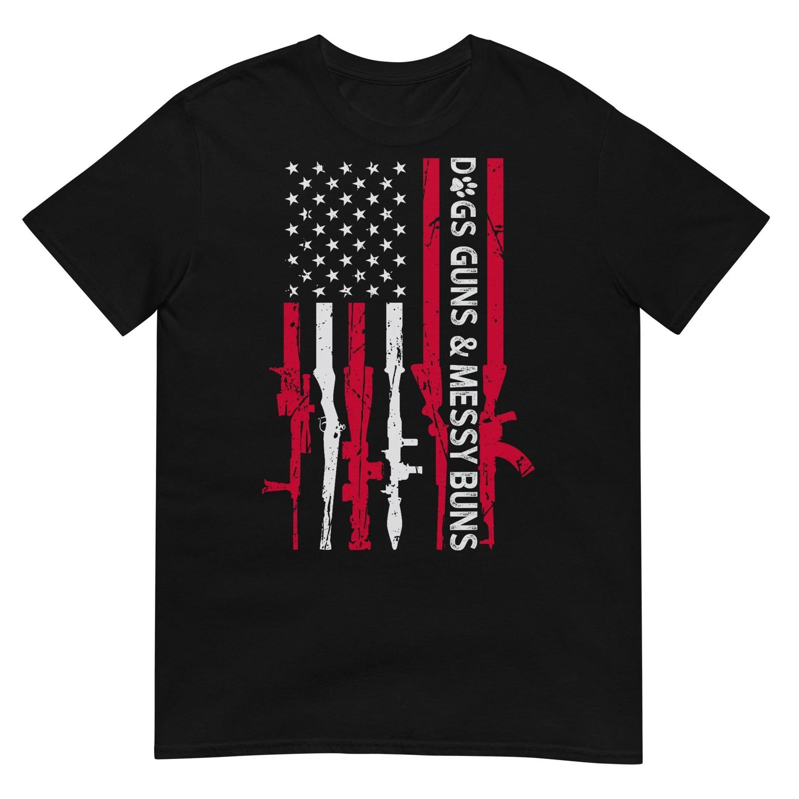 Dogs Guns and Messy Buns - Grunge US Flag with Weapons T-Shirt L