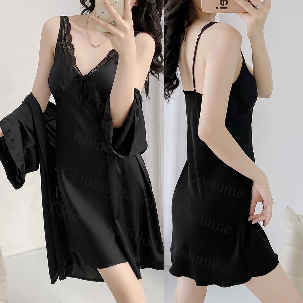 Sexy Spitzenbesatz Schleife Sling Nachthemd Robe Anzug Braut Hochzeitskleid Set Damen Elegant Nachthemd Frühling Herbst Neu Kimono Bademantel