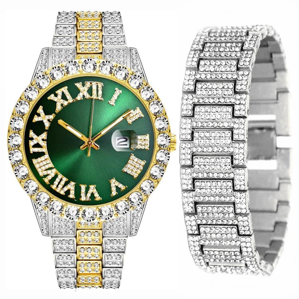 Wasserdichte Iced Out Uhr Kalenderfunktion Herrenuhr Luxus Quarz Armbanduhr Schmuckuhr