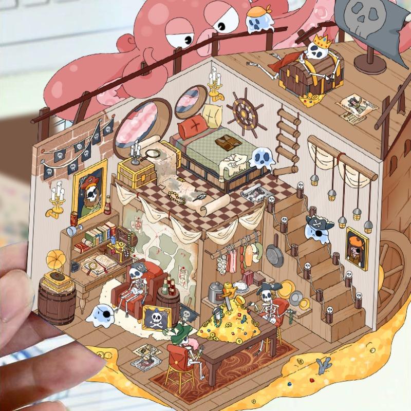 Cartoon Landscape Stickers - Multiple Miniature World Houses, Stress-relieving Scenes, Hand-written Notebook Stickers