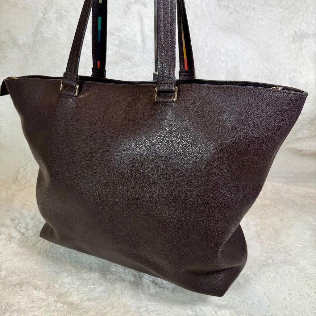 Used Paul Smith Inlaid Stripe Genuine Leather Tote Bag Men's Large Capacity