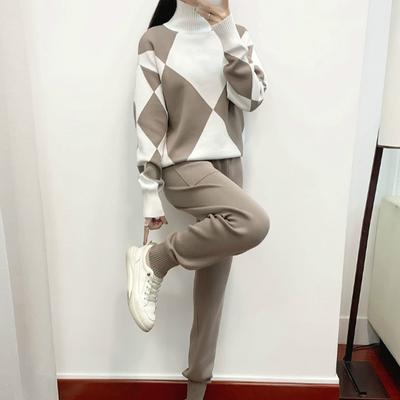 Anzug Damen Herbst und Winter Lässig Gestrickter Plaid Pullover Hose Zweiteiliger Anzug