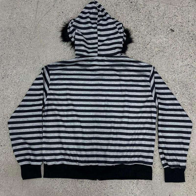 European and American street fashion autumn and winter casual striped loose warm fur collar zipper hooded sweatshirt for men and women