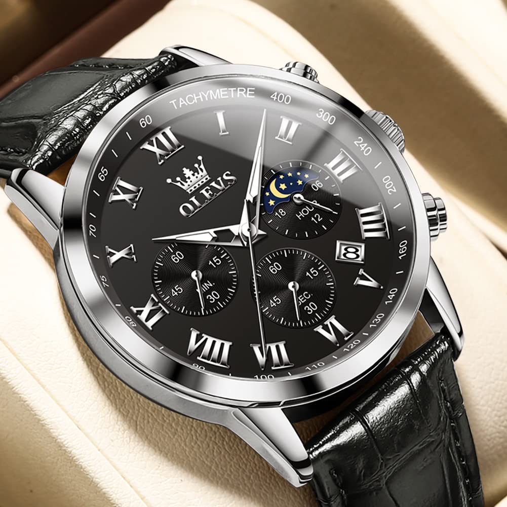 OLEVS Leather Quartz Day of the Week Men's Wristwatch, Waterproof, Analog, Stylish, Simple, Movement, Lightweight, Black, Gentleman, Date,