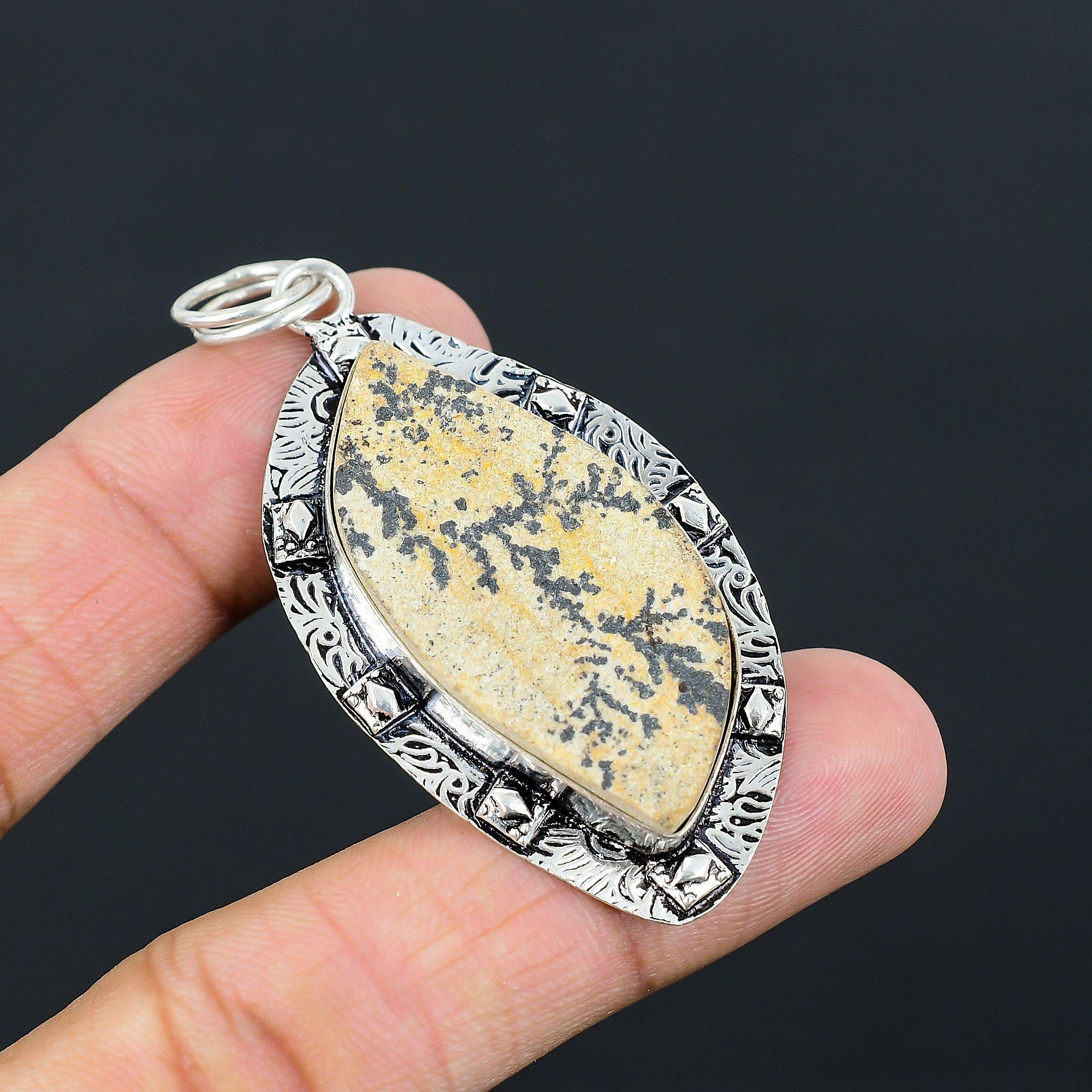 Halloween Sale 925 Silver Marquise Natural Psilomelane Dendrite Mother Pendant