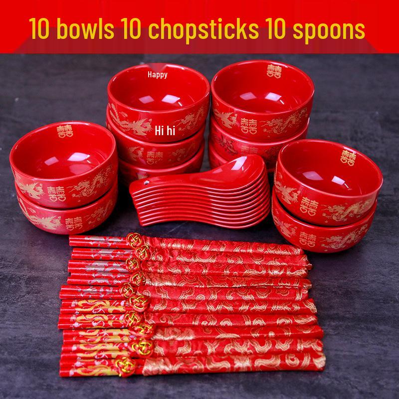 Festive Newlywed Ceramic Bowl & Chopstick Set: Happy Bowls & Red Soup Spoon for Wedding Banquet Tableware