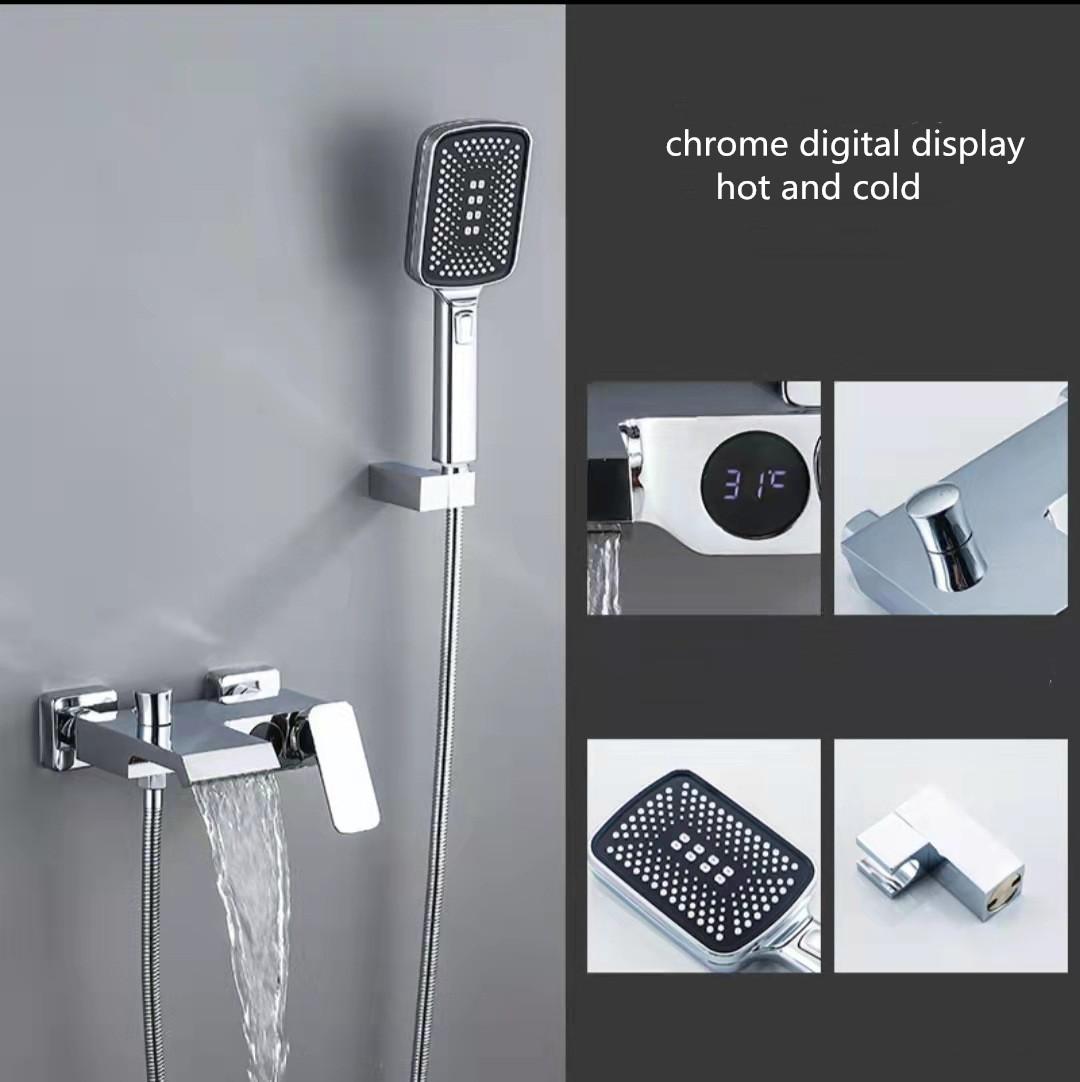 Bathroom Shower Faucet Set Wall Mounted Gray Thermostatic Digital Display Brass Waterfall Shower Faucet Set