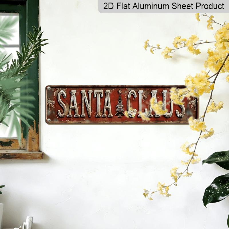 2D Flat 1pc, 15.7×3.94inch Vintage Santa Claus & Christmas Tree Metal Wall Sign, Aluminum Decorative Sign, Rustic Aluminum Holiday Decoration