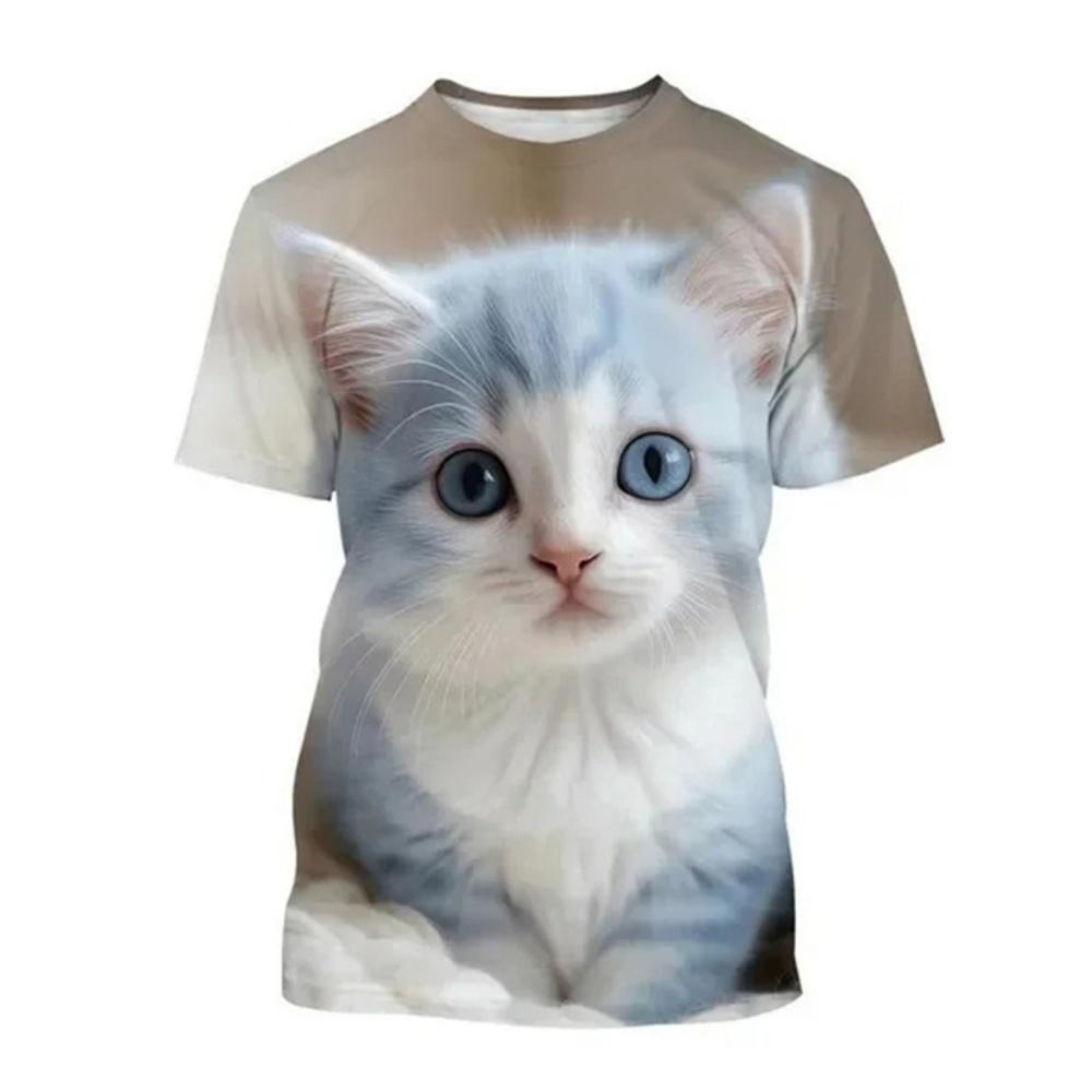 Fashion Korean Cute Cat Print Tees Children Girls Summer Clothes Kawaii Crew Neck