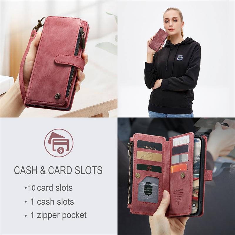 CaseMe Flip Leather Phone Case For iPhone 11 12 13 14 15 Pro Max XS XR X SE 2022 8 7 Samsung S23 Plus S22 S21 FE S20 Note 20 Zipper Wallet Card Cover