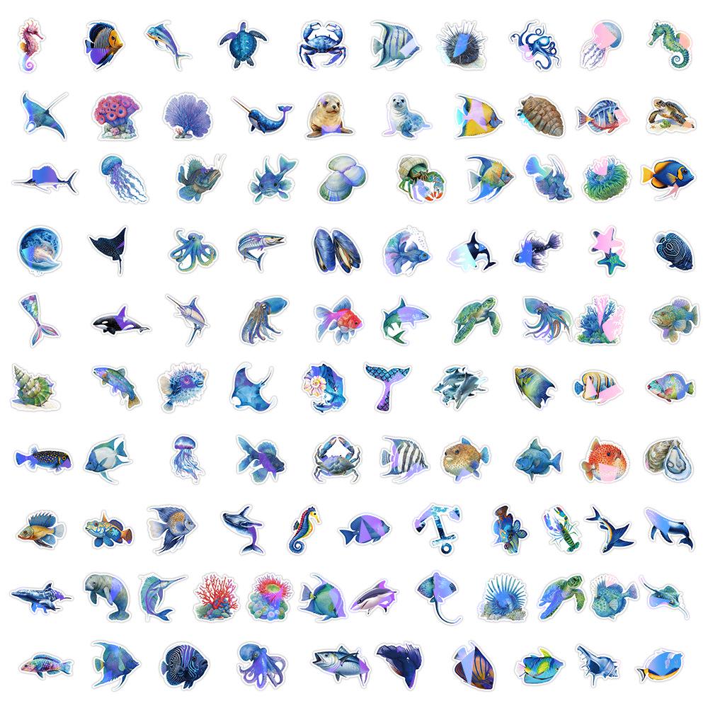 Cartoon Holographic Marine Life Stickers: 200-Sheet Gift Box with Jellyfish & Dolphin Designs for Children's Rewards