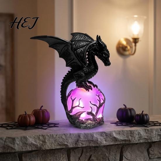 Dragon Sculpture for Living Room Gothic Night Light, Resin Statue with Purple Glowing Crystal Sphere, Fantasy Table Lamp Halloween Home Desktop Shelf