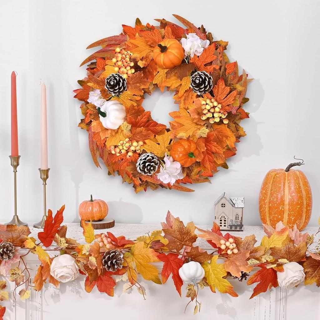 Halloween Fall Color Simulation Wreath, Foam Pumpkin Pine Nuts Berry Door Hanging Harvest Festival Vine Ring Thanksgiving Wreath