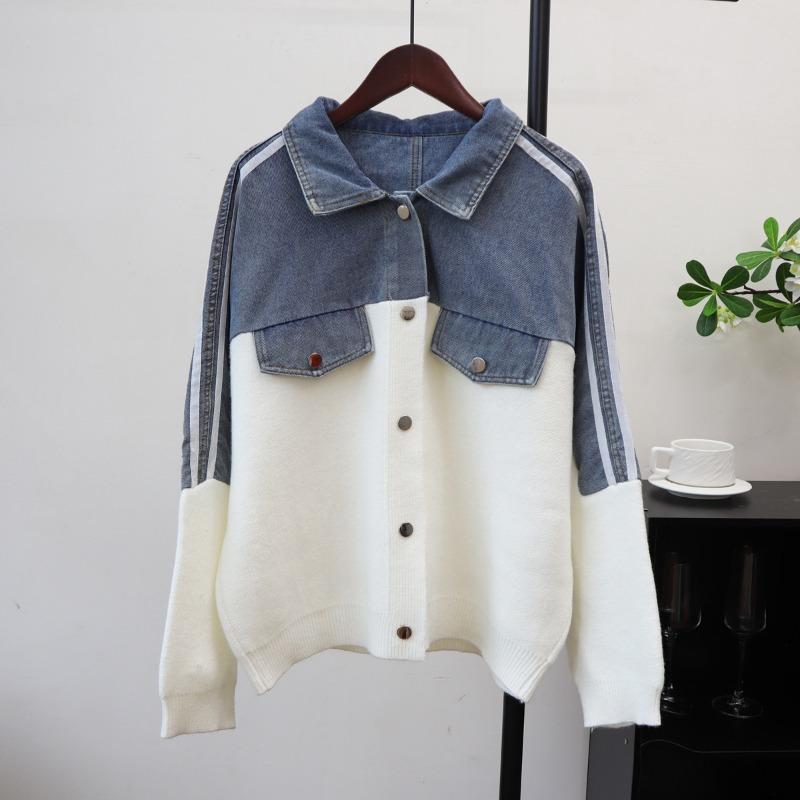 

Модная джинсовая куртка-свитер с лоскутным шитьем, новый дизайн осени и зимы, свободный повседневный универсальный вязаный кардиган для женщин one size fits all