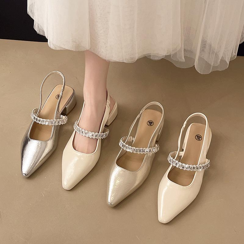 One word with rhinestone sandals women's summer new bag head half drag thick heel shoes pointed single shoes women's outer wear