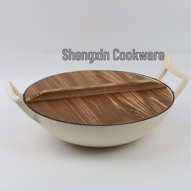 Zhi Shi Enamel Cast Iron Wok with Wooden Lid
