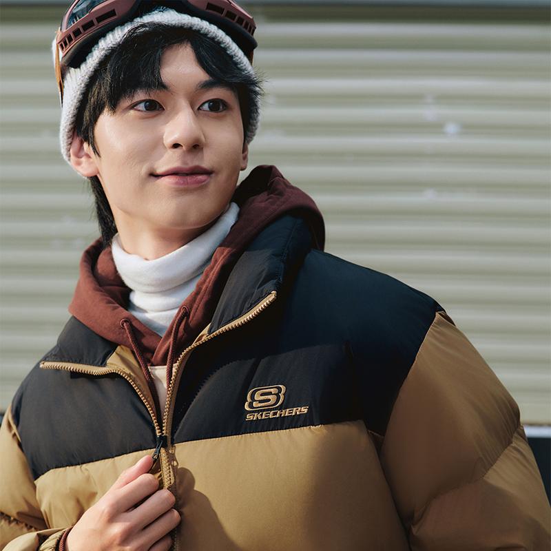 Skechers Fashion Color Block Logo Short Woven Down Jacket Unisex Jackets Light-Brown L423U106-01N2