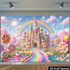2D flat macaron candy castle background fabric rainbow gradient road theme multi-layer frosting castle, wall decoration
