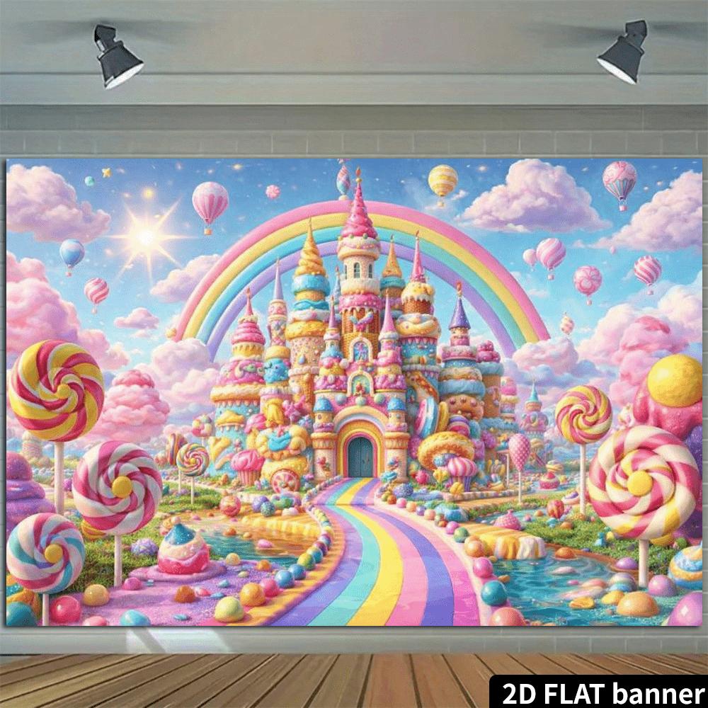 2D flat macaron candy castle background fabric rainbow gradient road theme multi-layer frosting castle, wall decoration