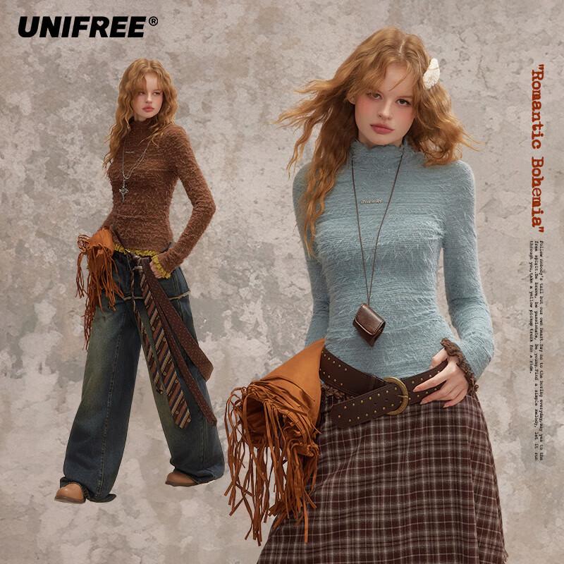 UNIFREE Textured High-Neck Lace Trim T-Shirt M