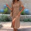 Women's Button Down Ruched Long Dress Casual Short Sleeve V-Neck Maxi Dress Summer Beach A-Line Swing Sundress