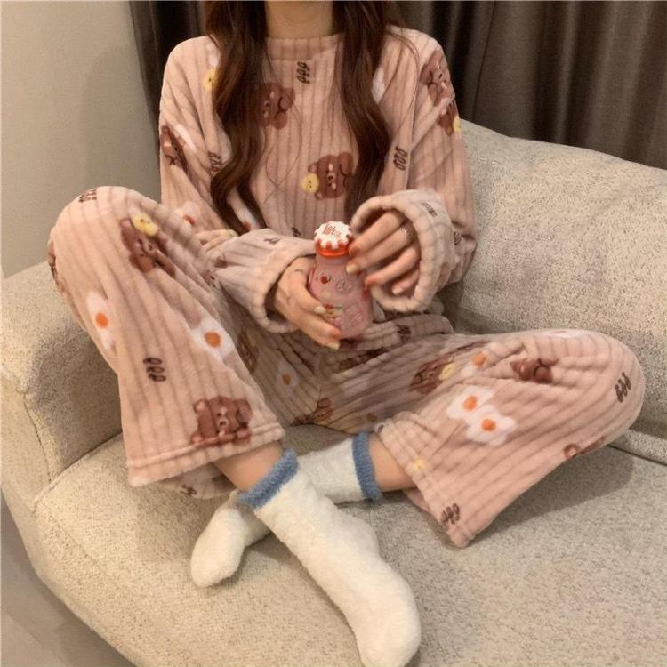 Warm Thickened Women Casual Loose Bear Bow Tie Apple Pajamas Set Sweet Cute Homewear Can Be Worn Outside Fall Winter Outfit