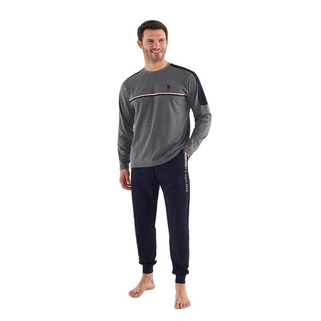 BAZA. Polo Assn. Costum de pijama pentru bărbați, bumbac, cu mânecă lungă, cu guler zero