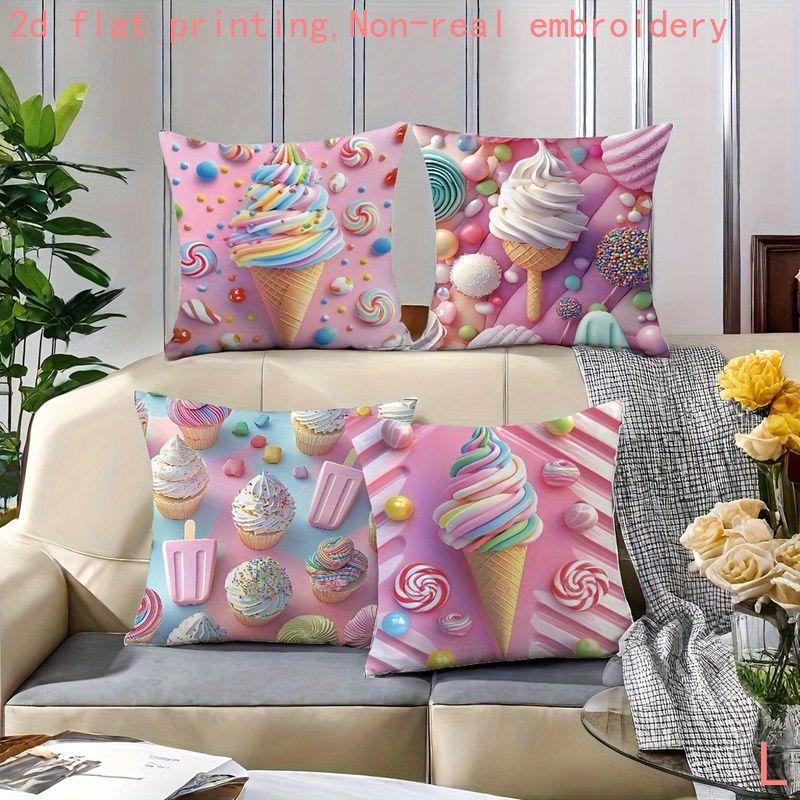 2D Flat - 4-Pack, 2D Flat Printing, Colorful Ice Cream Candy Pattern Pillowcases, Dessert Style Cushion Covers, Material, Multi-Sizes, Zipper Closure,