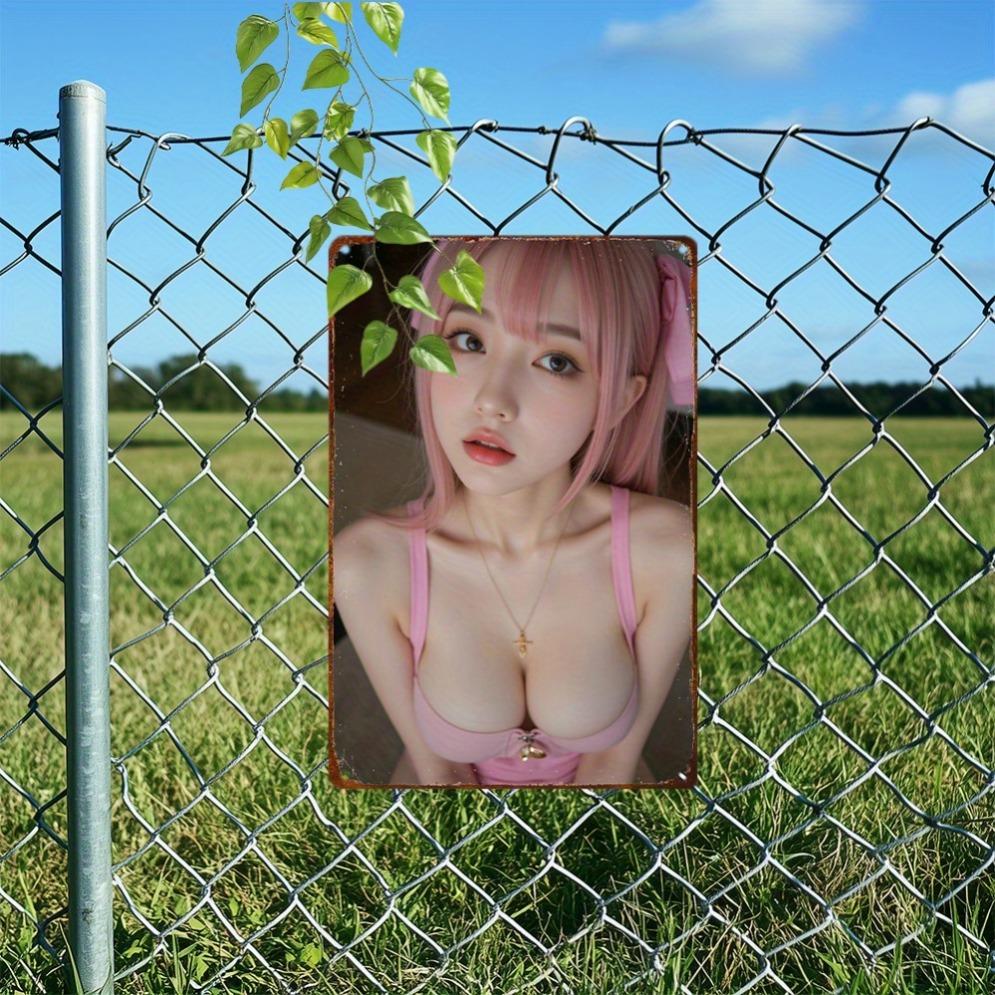 Vintage Anime Metallwandschild, Mädchen mit rosa Haaren 8x12 Zoll Retro Blechkunst, Kein Strom Neon-Stil Dekoration für Zuhause Café Man Cave