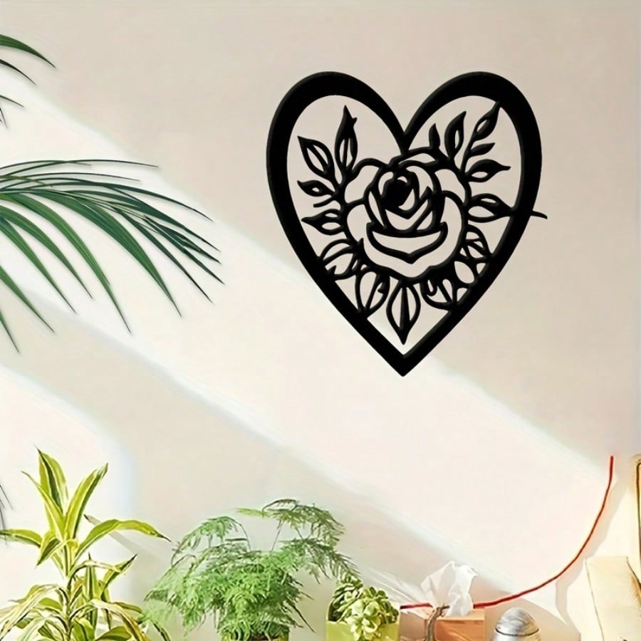 Metal Wall Art Heart Rose Floral Design Black Iron Decor Romantic Gift Home