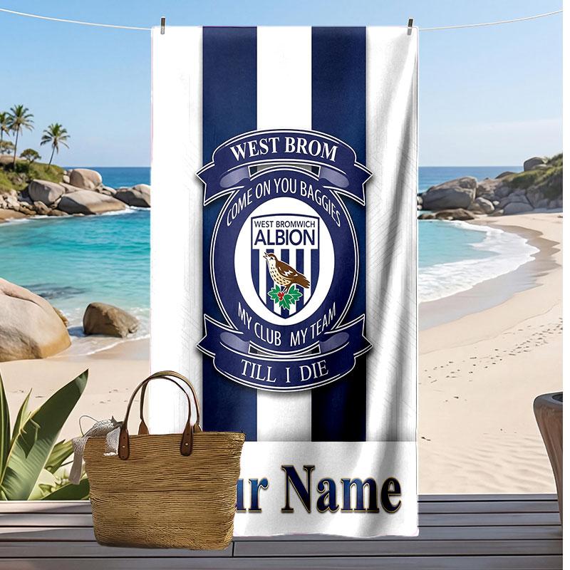 West Bromwich Albion FC Personalized Printed Beach Towel Soccer Logo Support Custom Name Text Absorbent Towel For Sport Travel Special Gift