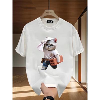 A Brick-carrying Kitten Graphic T-shirt Summer Fashion Leisure High-end Breathable Pure Cotton Men's And Women's Y2K T-Shirt