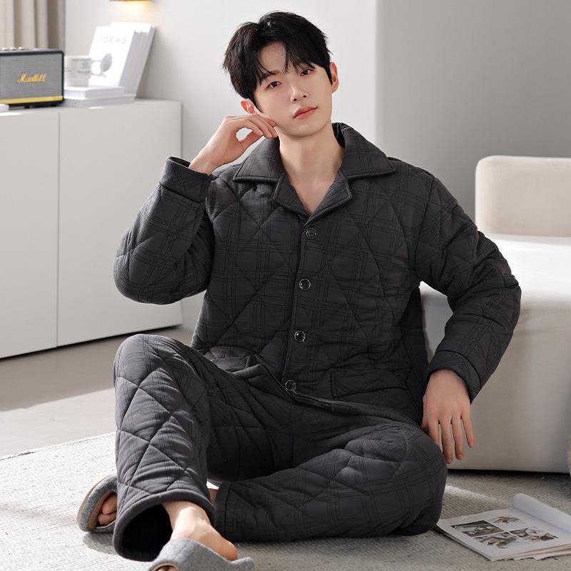 Anti-Static Pajamas Men'S Winter Pure Cotton Padded Three-Layer Thickened And Velvet Warm Autumn And Winter Loungewear Large Size Set