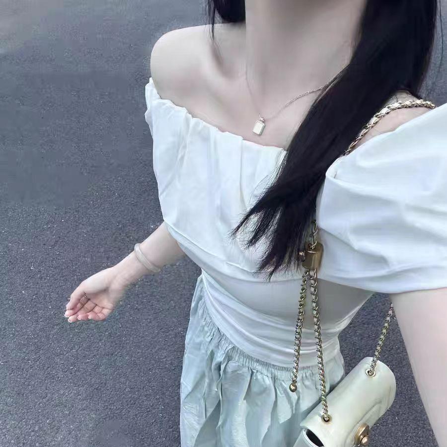 French One-word Shoulder Ruffle Short T-shirt Women's Summer Waist Pure Desire Wind Off the Shoulder Sexy Slim Top