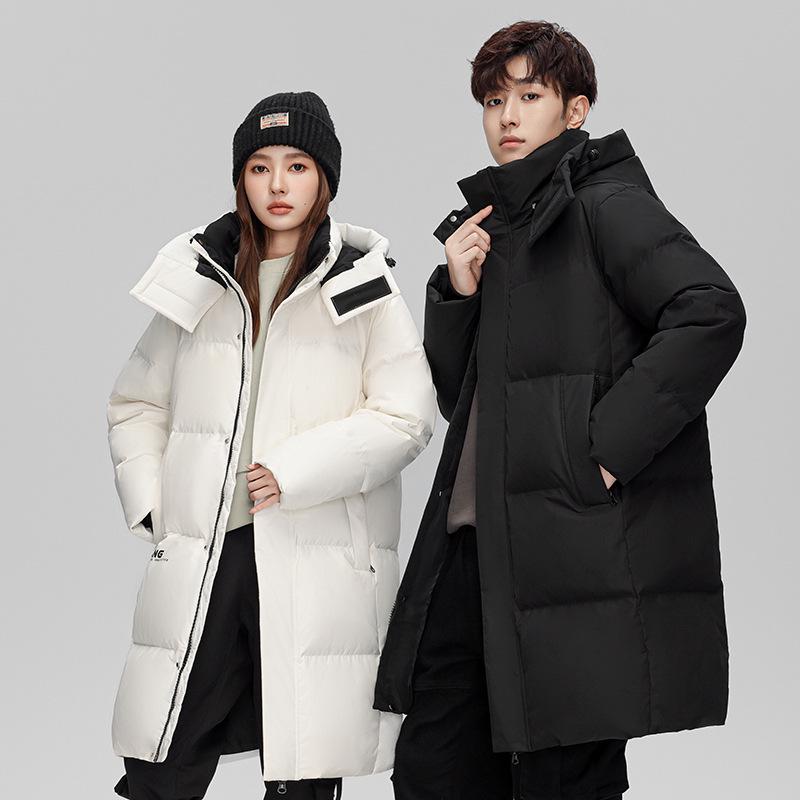 Unisex Mid-Length Hooded Down Jacket, 90% White Duck Down, Thickened for 2025 Winter, Trendy Couple's Warm Outerwear with Cold Protection.