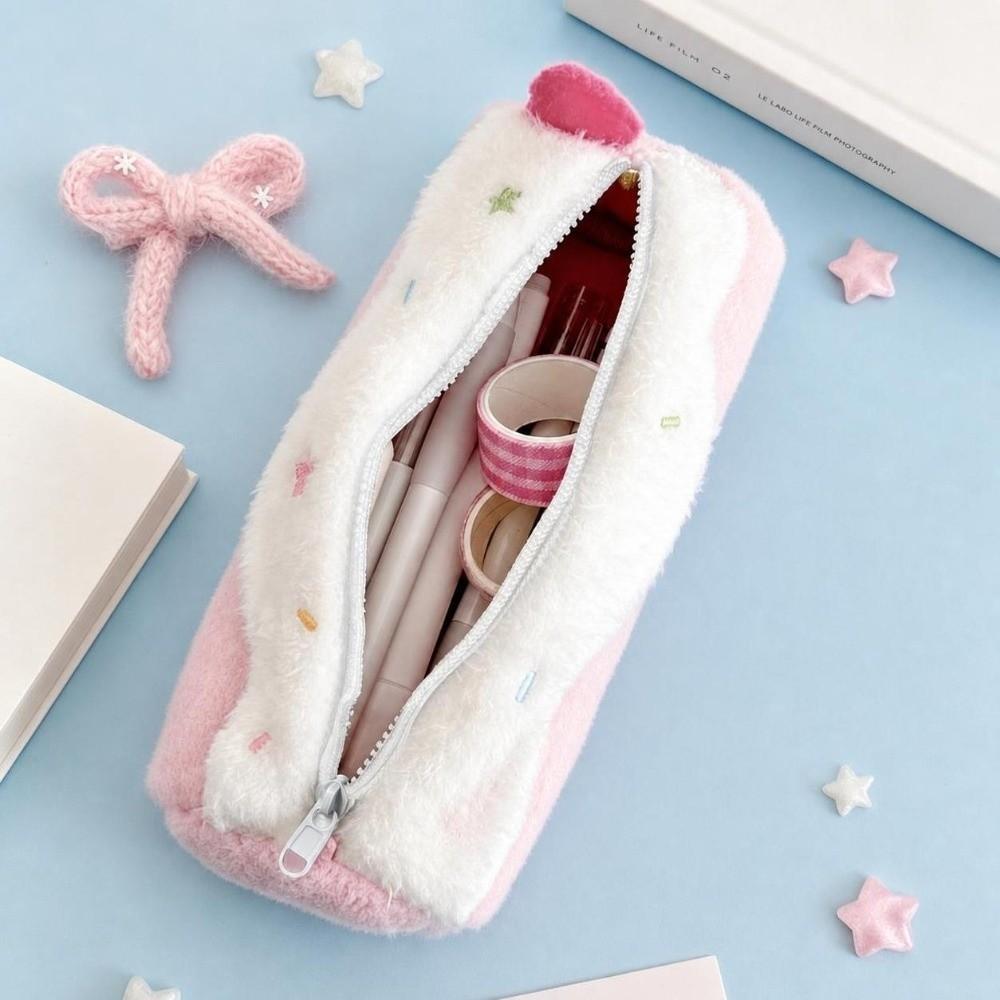 Durable Pencil Case Star Embroidery Large Capacity Pencil Pouch Soft Fluffy Swiss Roll Shape Stationery Bag School Supplies