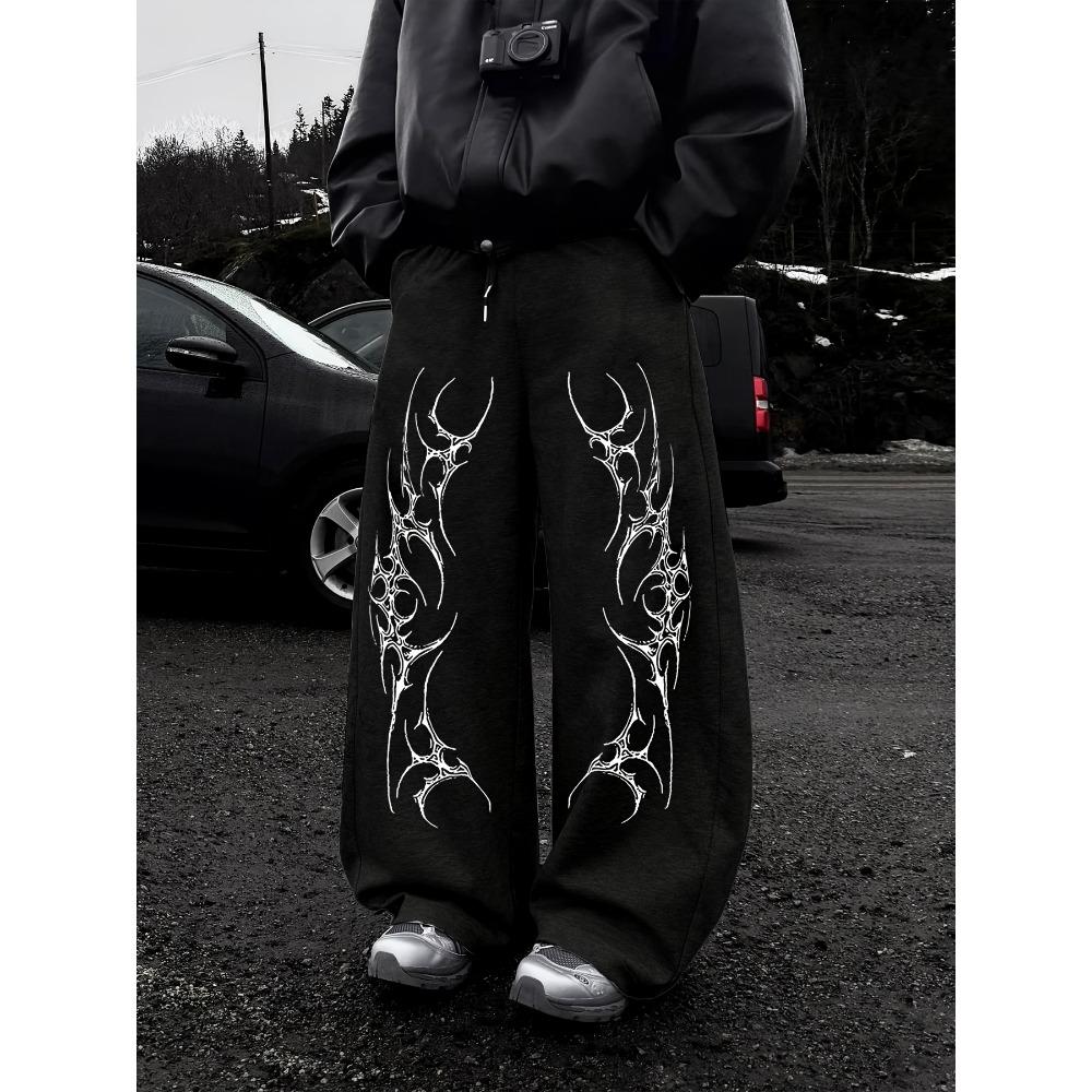 

Black Baggy Wide Leg Sweatpants for Men, White Abstract Tribal Flame Prints, Drawstring Closure Street Style Casual Comfort XXL