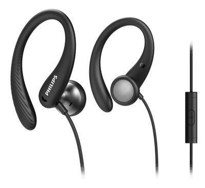 Sportovní drátová sluchátka Philips A1105 s dálkovým ovládáním Ear Secure Deep a konektorem TAA1105BK, háčky do uší, padnoucí, basy, mikrofon na kabelu