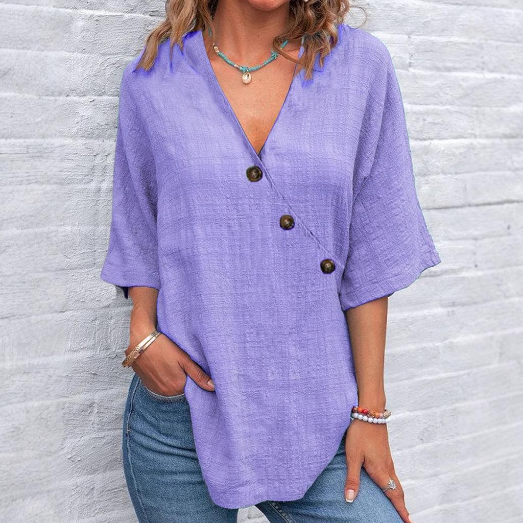 Women's Fashionable Loose Casual V-Neck Color Button Up Top Color Button Up Top