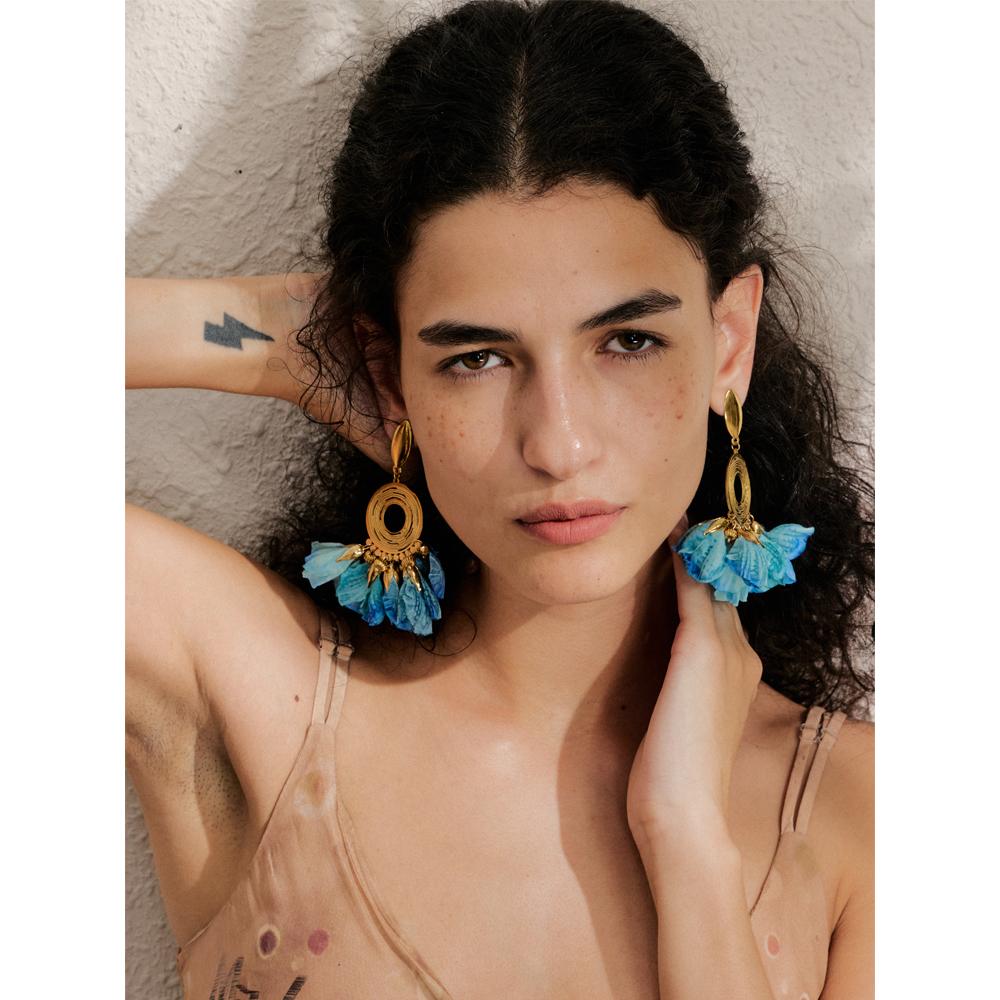 Yhpup Spring Summer Fashion Bohemian Blue Cloth Flower Drop Earrings Exclusive Stainless Steel Handmade Fairy Jewelry