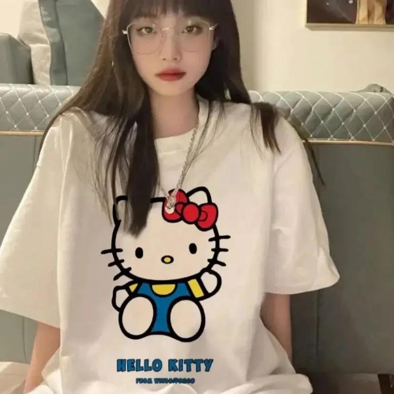 Kawaii Hello Kitty Y2K Korea Cotton Tops Anime Cute Summer Loose Women's Couple Fashion Loose Comfortable Cotton T-Shirt Tops