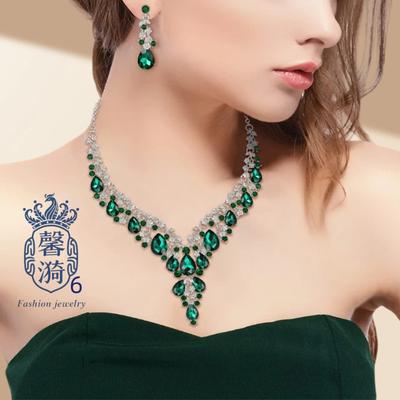 Long Necklace Earrings Two-piece Women's High-end Banquet Dress Full of Diamonds Crystal Jewelry Set