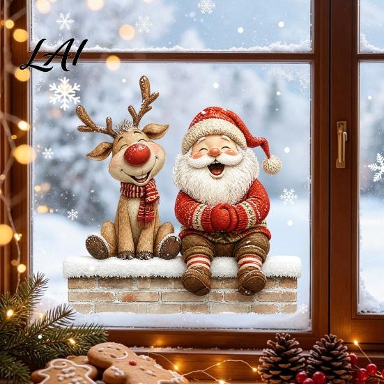Waterproof PVC Window Film Christmas Cling Reindeer Decals and Santa Claus Static Seasonal Store Display
