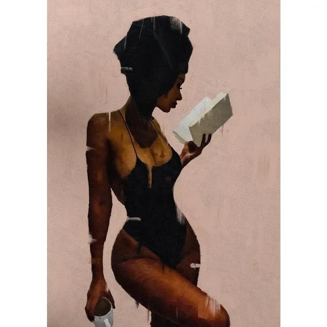 Elegant African American Woman with Floral Head Poster  Sexy Black Girl Canvas Painting Wall Art for Living Room Home Decor Mura